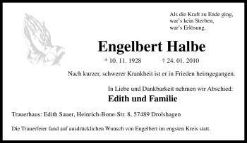 Traueranzeige von Engelbert Halbe von Tageszeitung