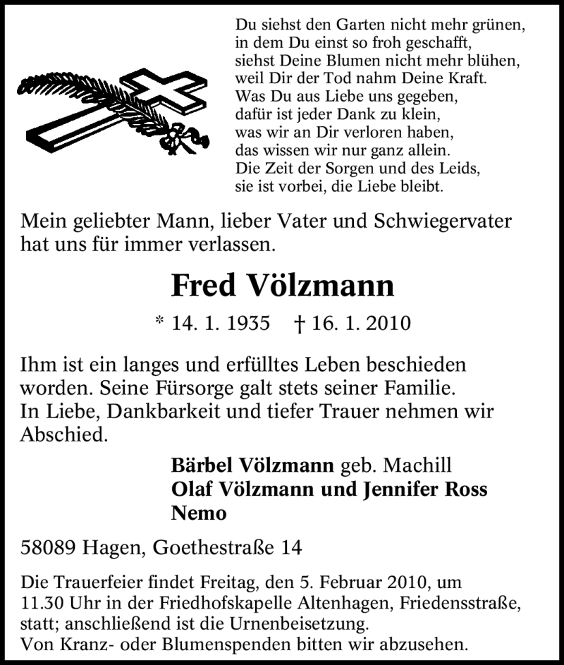  Traueranzeige für Fred Völzmann vom 23.01.2010 aus Tageszeitung