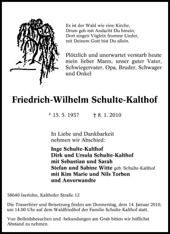 Traueranzeige von Friedrich-Wilhelm Schulte-Kalthof von Tageszeitung