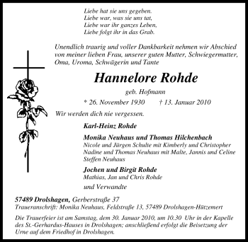 Traueranzeige von Hannelore Rohde von Tageszeitung