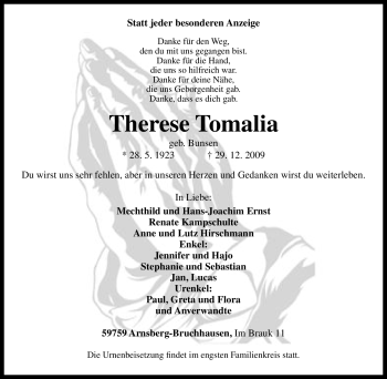 Traueranzeige von Therese Tomalia von Tageszeitung
