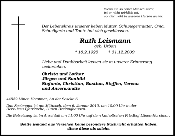 Traueranzeige von Ruth Leismann von Tageszeitung