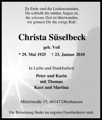 Traueranzeige von Christa Süselbeck von Tageszeitung