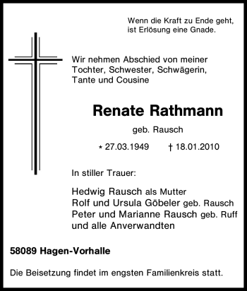 Traueranzeige von Renate Rathmann von Tageszeitung