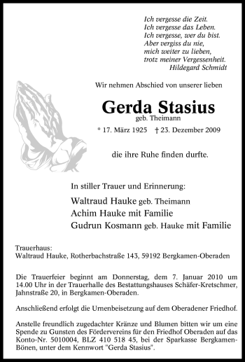 Traueranzeige von Gerda Stasius von Tageszeitung