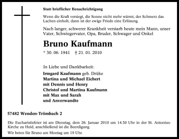 Traueranzeige von Bruno Kaufmann von Tageszeitung