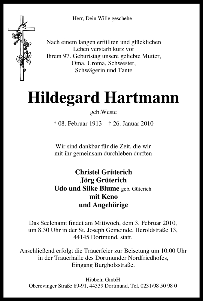  Traueranzeige für Hildegard Hartmann vom 30.01.2010 aus Tageszeitung