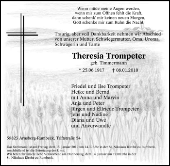 Traueranzeige von Theresia Trompeter von Tageszeitung