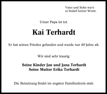 Traueranzeige von Kai Terhardt von Tageszeitung