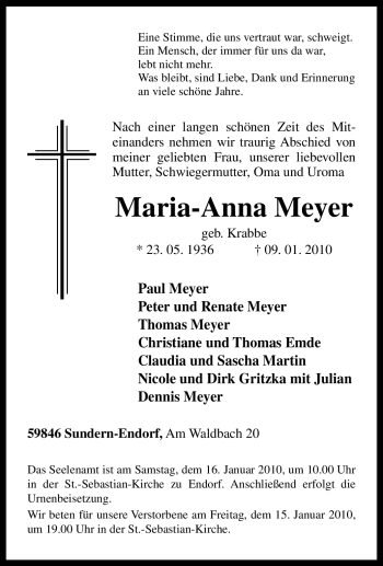 Traueranzeige von Maria-Anna Meyer von Tageszeitung