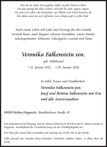 Traueranzeige von Veronika Falkenstein sen. von Tageszeitung