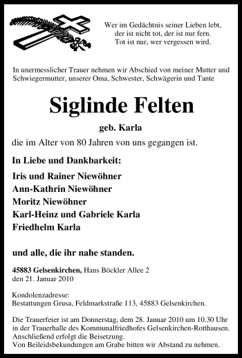 Traueranzeige von Siglinde Felten von Tageszeitung