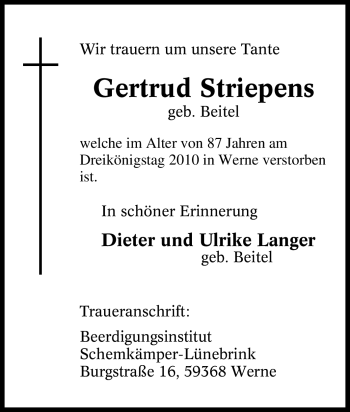 Traueranzeige von Gertrud Striepens von Tageszeitung