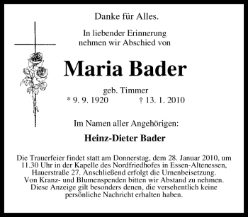 Traueranzeige von Maria Bader von Tageszeitung