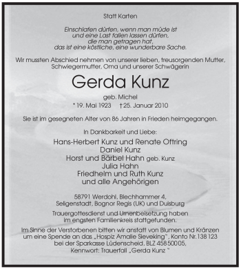 Traueranzeige von Gerda Kunz von Tageszeitung