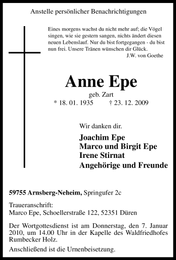 Traueranzeige von Anne Epe von Tageszeitung