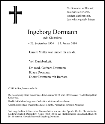 Traueranzeige von Ingeborg Dormann von Tageszeitung