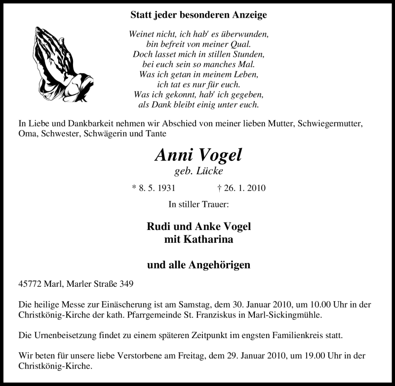  Traueranzeige für Anni Vogel vom 27.01.2010 aus Tageszeitung