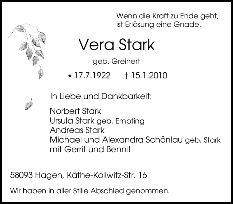  Traueranzeige für Vera Stark vom 23.01.2010 aus Tageszeitung