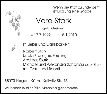 Traueranzeige von Vera Stark von Tageszeitung