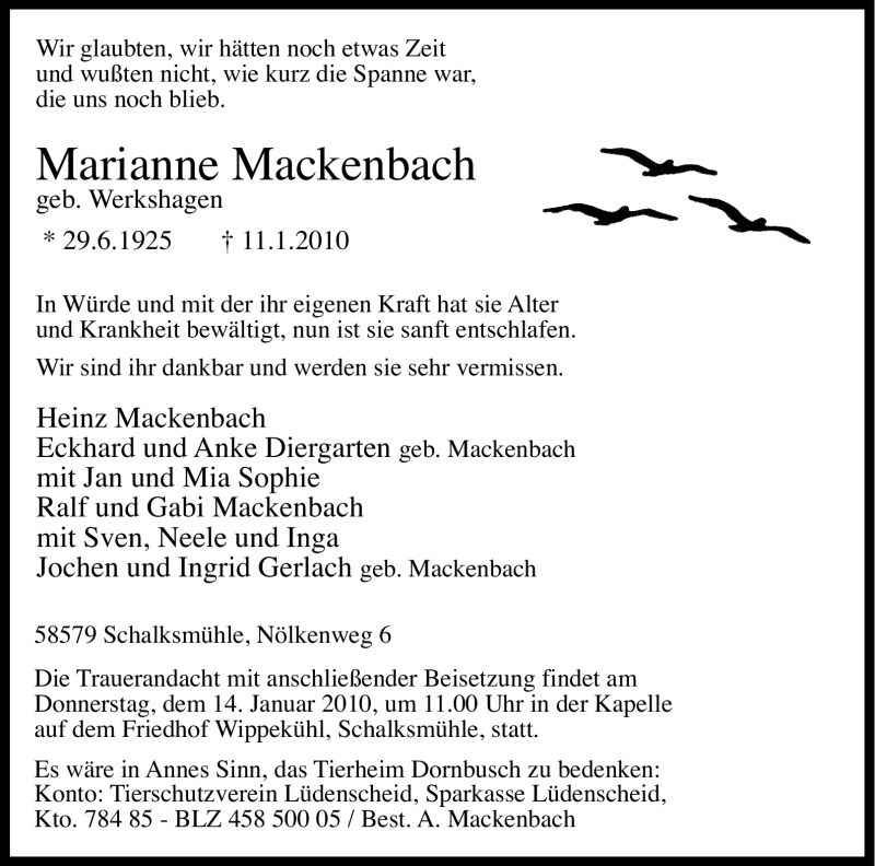  Traueranzeige für Marianne Mackenbach vom 13.01.2010 aus Tageszeitung
