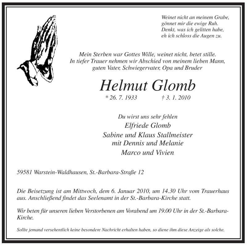 Traueranzeige für Helmut Glomb vom 05.01.2010 aus Tageszeitung