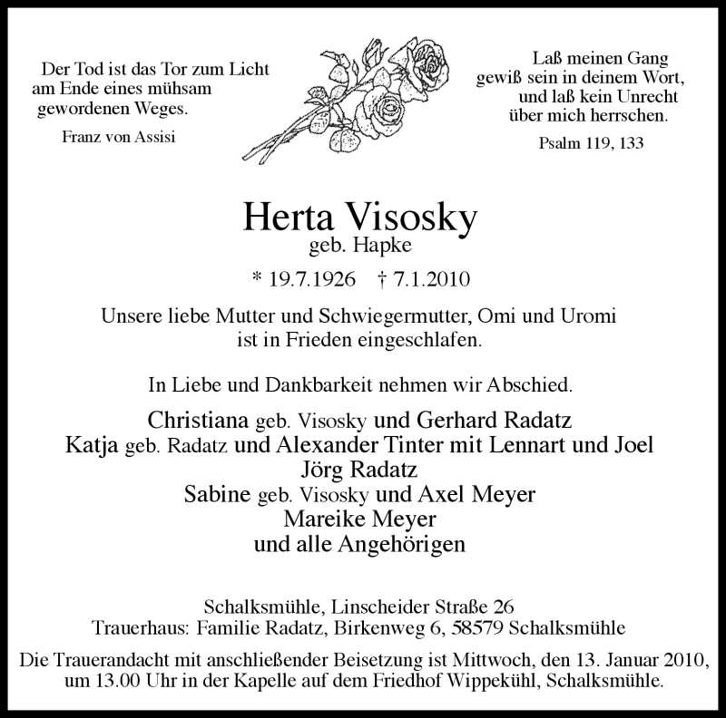  Traueranzeige für Herta Visosky vom 11.01.2010 aus Tageszeitung