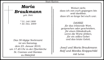 Traueranzeige von Maria Braukmann von Tageszeitung