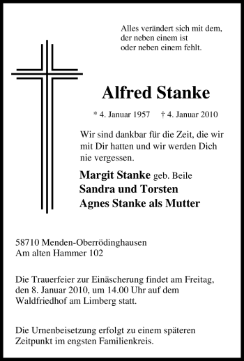 Traueranzeige von Alfred Stanke von Tageszeitung