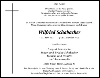 Traueranzeige von Wilfried Schabacker von Tageszeitung