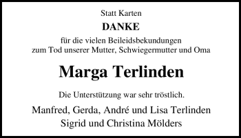 Traueranzeige von Marga Terlinden von Tageszeitung