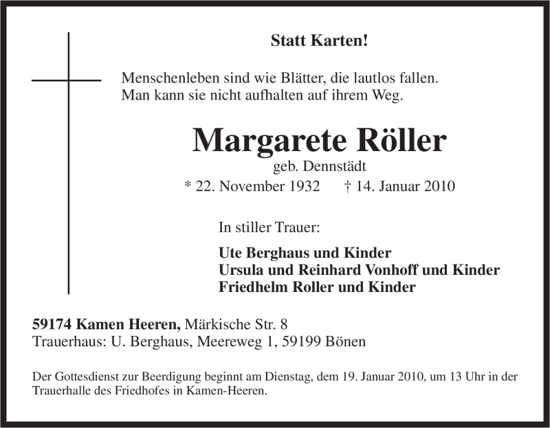  Traueranzeige für Margarete Röller vom 16.01.2010 aus Tageszeitung