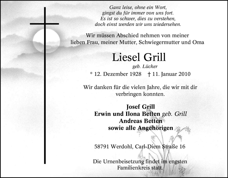  Traueranzeige für Liesel Grill vom 12.01.2010 aus Tageszeitung