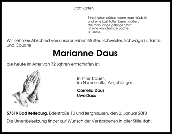 Traueranzeige von Marianne Daus von Tageszeitung