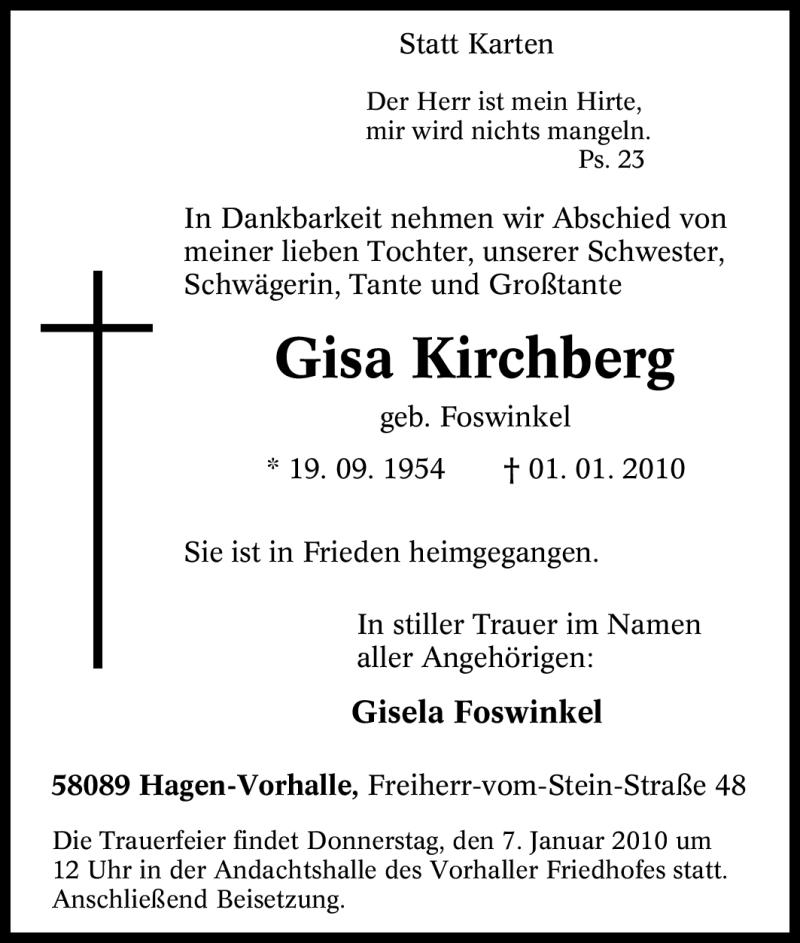  Traueranzeige für Gisa Kirchberg vom 05.01.2010 aus Tageszeitung