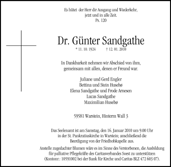 Traueranzeige von Günter Sandgathe von Tageszeitung