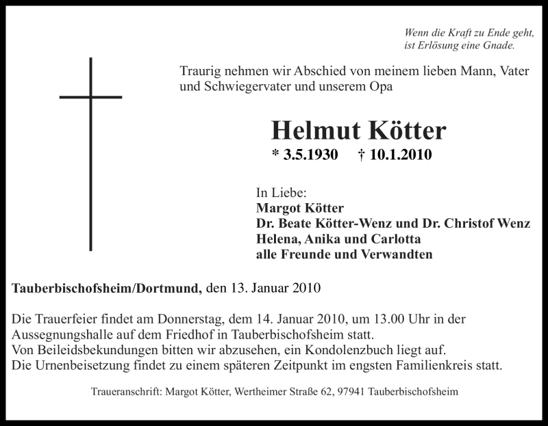  Traueranzeige für Helmut Kötter vom 13.01.2010 aus Tageszeitung