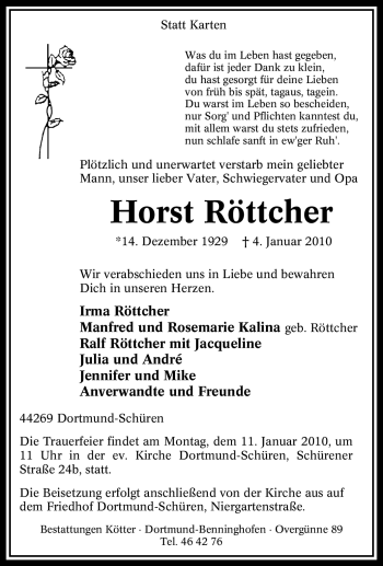Traueranzeige von Horst Röttcher von Tageszeitung