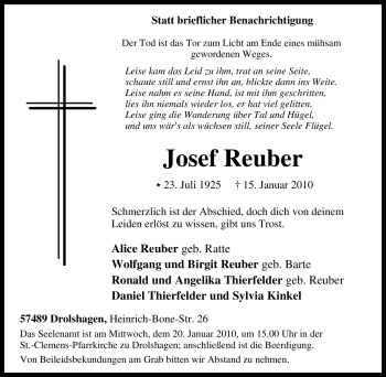 Traueranzeige von Josef Reuber von Tageszeitung