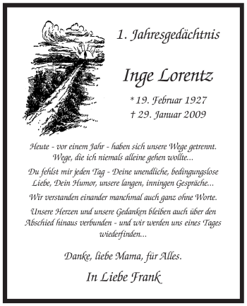 Traueranzeige von Inge Lorentz von Tageszeitung