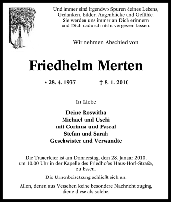 Traueranzeige von Friedhelm Merten von Tageszeitung