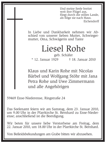 Traueranzeige von Liesel Rohe von Tageszeitung