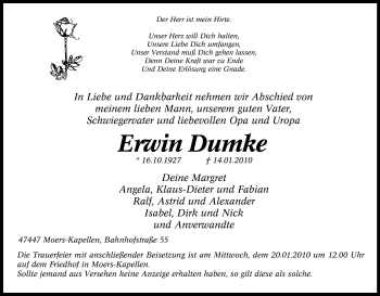 Traueranzeige von Erwin Dumke von Tageszeitung