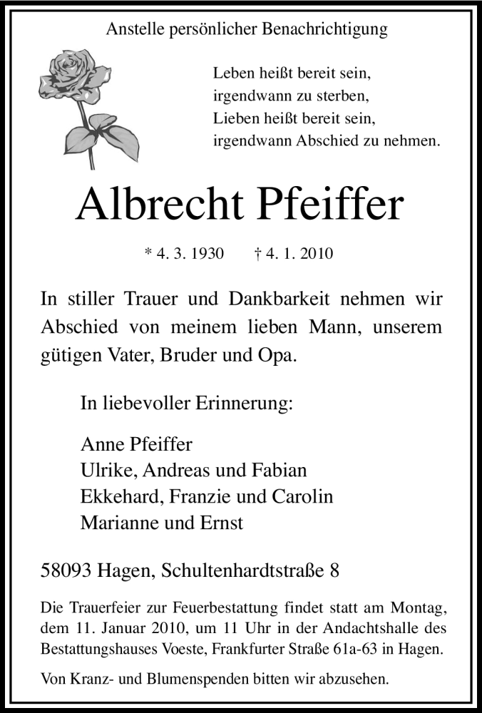  Traueranzeige für Albrecht Pfeiffer vom 06.01.2010 aus Tageszeitung