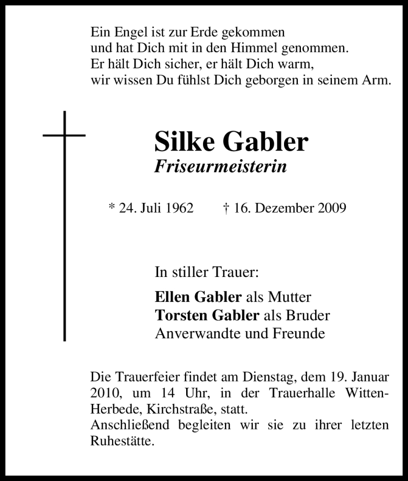  Traueranzeige für Silke Gabler vom 16.01.2010 aus Tageszeitung