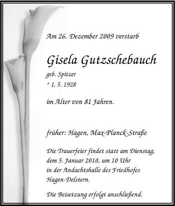 Traueranzeige von Gisela Gutzschebauch von Tageszeitung