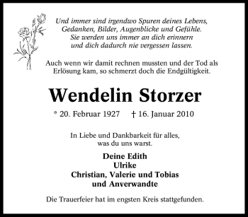 Traueranzeige von Wendelin Storzer von Tageszeitung