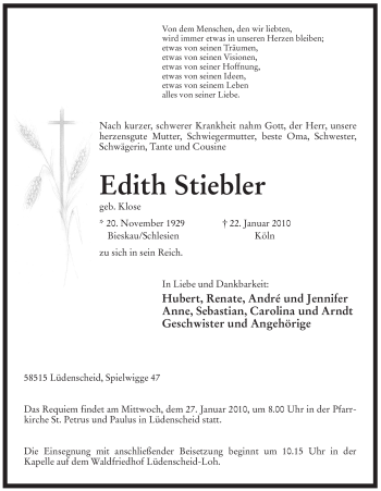 Traueranzeige von Edith Stiebler von Tageszeitung