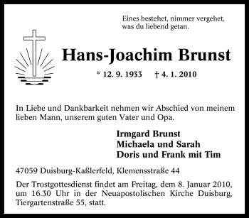 Traueranzeige von Hans-Joachim Brunst von Tageszeitung