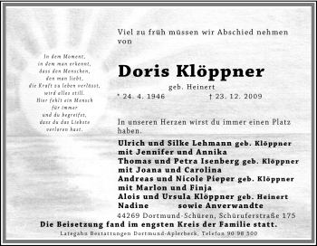 Traueranzeige von Doris Klöppner von Tageszeitung